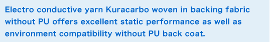 Electro conductive yarn Kuracarbo woven in backing fabric without PU offers excellent static performance as well as environment compatibility without PU back coat. Summary image